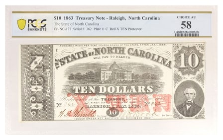 OBSOLETE CURRENCY, $10 NORTH CAROLINA 1863, PCGS AU-58