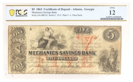 OBSOLETE CURRENCY, $5 MECHANICS SAVINGS 1863, PCGS 12 FINE