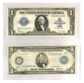 (2) U.S. CURRENCY, $5 SERIES OF 1914 & $1 SERIES OF 1923