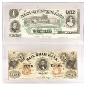 (2) OBSOLETE CURRENCY, NANK OF NEW-ENGLAND & MICHIGAN RAIL ROAD BANK