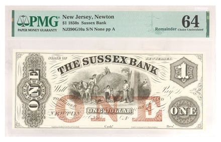 OBSOLETE CURRENCY, $1, THE SUSSEX BANK, NJ, PMG GRADED 64 CHOICE UNC