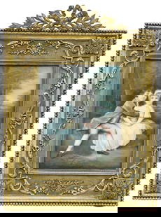 MINIATURE PAINTING DOUBLE PORTRAIT AFTER JOSHUA REYNOLDS: Framed French school miniature opaque watercolor painting, John Parker III (1772-1840), later 1st Earl of Morley, and his sister Theresa (1775-1856), later the Honorable Mrs. George Villiers, as