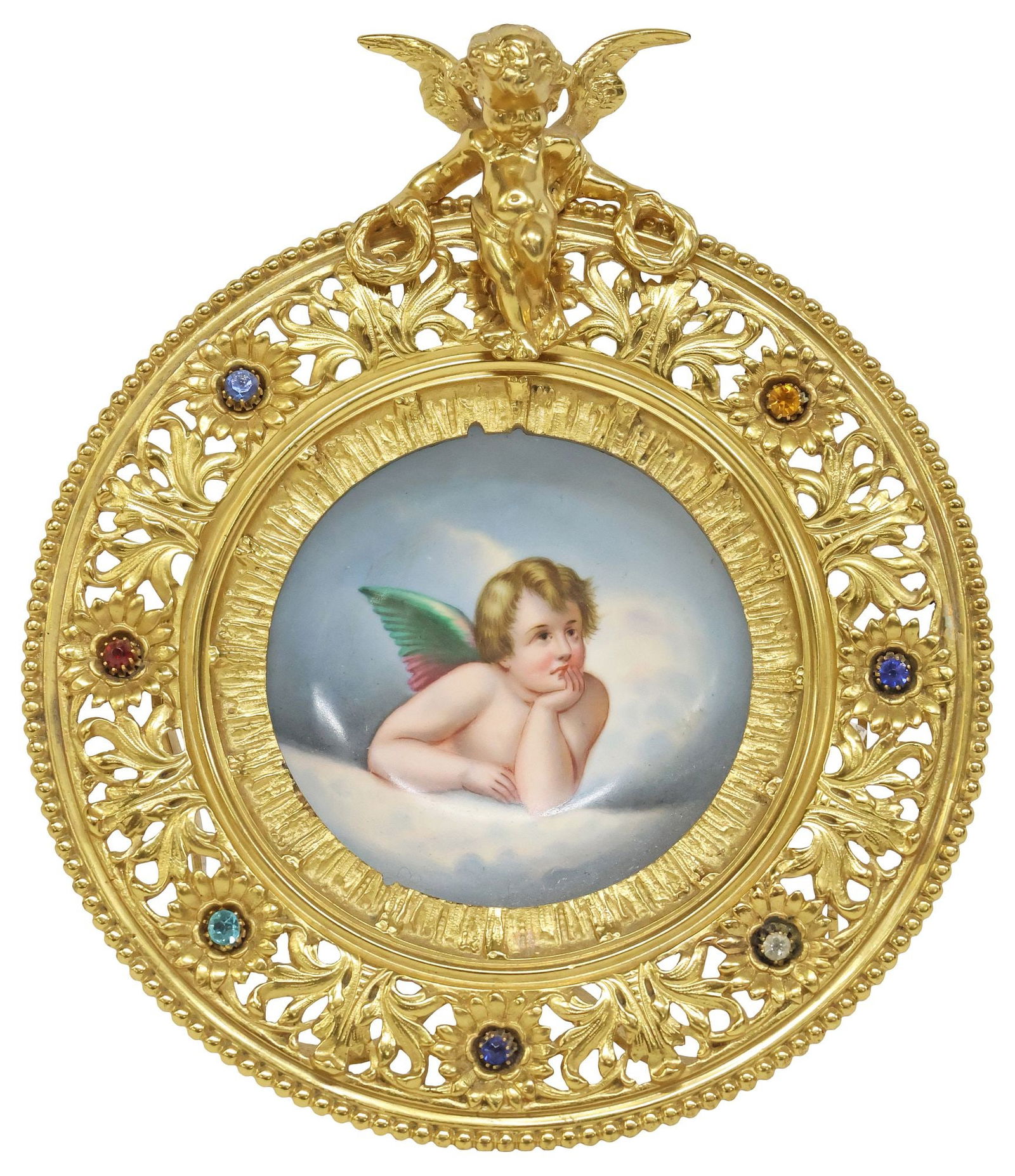 ORNATE GILT METAL & PAINTED PORCELAIN PLAQUE AFTER RAPHAEL CHERUB (1 of 3)
