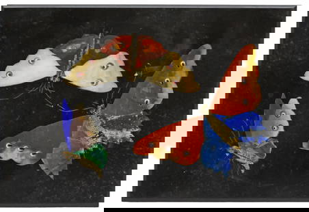 VICTORIAN PIETRA DURA BUTTERFLIES PAPERWEIGHT: Victorian black stone and pietra dura desk paperweight, late 19th c., of rectangular form, inlaid with three butterflies/ moths, with incised antennae and legs, approx 4.75"l, 3.25"w, 0.5lbs