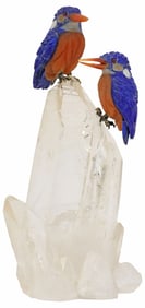 PETER MULLER (ATTRIB) PAIR OF LAPIS KINGFISHERS ON ROCK CRYSTAL BASE
