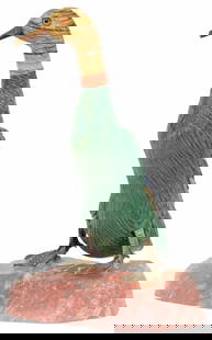 PETER MULLER (ATTRIB) GEMSTONE CARVING OF A MALLARD DUCK: Lapidary model of a mallard duck, attributed to Peter Muller (Swiss, active in Brazil, b.1952), tiger's eye beak, jasper and picture jasper head, green aventurine body, with lapis lazuli and jasper