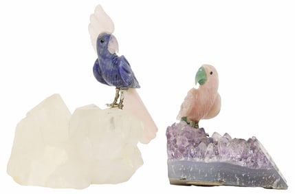 (2) CARVED GEMSTONE BIRDS COCKATOO & PARROT