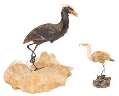 (2) CARVED GEMSTONE MODELS OF BIRDS, CRANE & HERON, AS IS: (lot of 2) Carved gemstone models of birds, both with some loss and repair, unmarked, including: (1) labradorite opal crane, attributed to Peter Muller (Swiss, active in Brazil, b.1952), opalescent