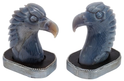(2) RUSSIAN-STYLE CARVED AGATE EAGLE HEAD ORNAMENTS
