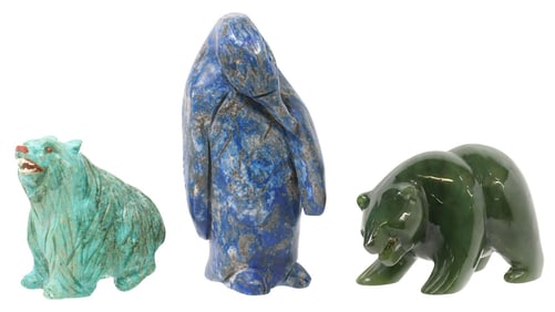 (3) CARVED GEMSTONE MODELS OF BEARS & PENGUIN