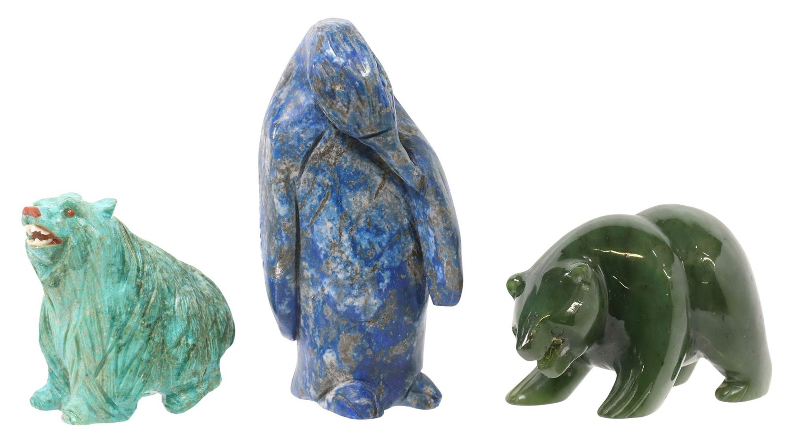 (3) CARVED GEMSTONE MODELS OF BEARS & PENGUIN: (lot of 3) Carved gemstone models of animals, all unmarked, including: (1) large lapis lazuli penguin, gold-flecked inclusions, approx 3.75"h, 2"w, 2.25"d; (1) turquoise grizzly bear, with inlaid eyes