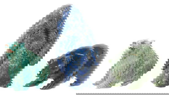 (3) CARVED GEMSTONE MODELS OF BEARS & PENGUIN: (lot of 3) Carved gemstone models of animals, all unmarked, including: (1) large lapis lazuli penguin, gold-flecked inclusions, approx 3.75"h, 2"w, 2.25"d; (1) turquoise grizzly bear, with inlaid