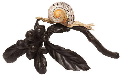 ART NOUVEAU SCULPTURE SHELL & ANTLER SNAIL ON BRONZE BRANCH: Art Nouveau animalier sculpture, possibly French, snail with a pearlized African Turbo sarmaticus shell and carved antler body, on a patinated bronze branch with naturalistic leaves and berries,