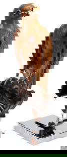 CARVED WOOD FALCON PERCHED ON GLOVED HAND WITH CHROMED STAND: Carved wood model of a falcon perched on a gloved hand, custom chrome-plated metal display mount, overall: approx 23"h, 9"w, 9"d, 8.75lbs