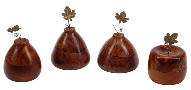 (4) ENGLISH FRUIT-FORM BURLWOOD TEA CADDIES: (lot of 4) English fruit-form burlwood tea caddies, each having foliate gilt metal finial, largest: approx 5"h, 4"diam, 2.25lbs total