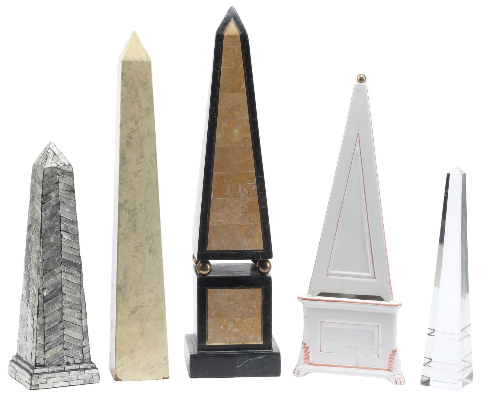 (5) COLLECTION OF GRAND TOUR STYLE OBELISKS: (lot of 5) Collection of Grand Tour style obelisks, varied styles, largest: approx 24"h, 6"w, 6"d, 20lbs total
