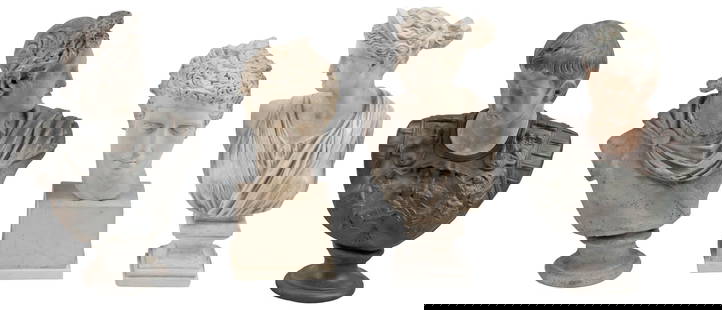 (4) CAST COMPOSITION BUSTS AFTER THE ANTIQUE: (lot of 4) Cast composition busts after the antiques, including: (1) Apollo Belvedere, (1) Diana of Versailles, (1) Emperor Augustus, (1) head of an athlete; largest: approx 23"h, 16"w, 8"d, 71.5lbs