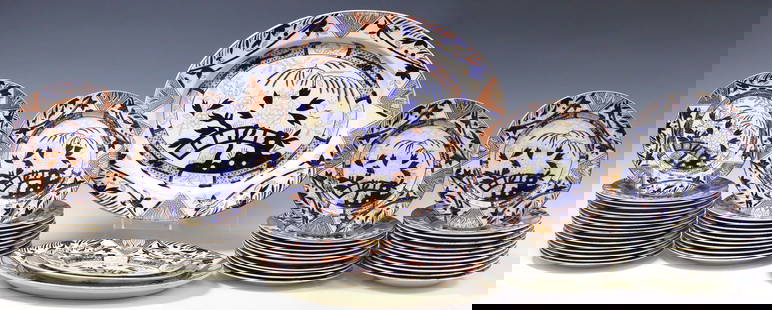 (55) G.L.ASHWORTH & BROS IRONSTONE CHINA IMARI PATTERN DINNER SERVICE: (lot of 57) English ironstone china partial dinner service, G.L. Ashworth & Bros, in an Imari palette, parcel-gilt accents with cobalt blue and floral motifs, makers mark underfoot, including: