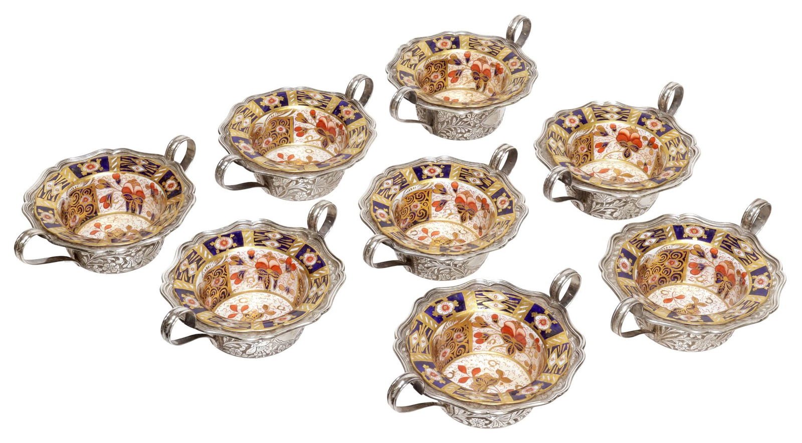 (8) ENGLISH IMARI PALETTE DESSERT CUPS IN STERLING SILVER FRAMES (1 of 7)