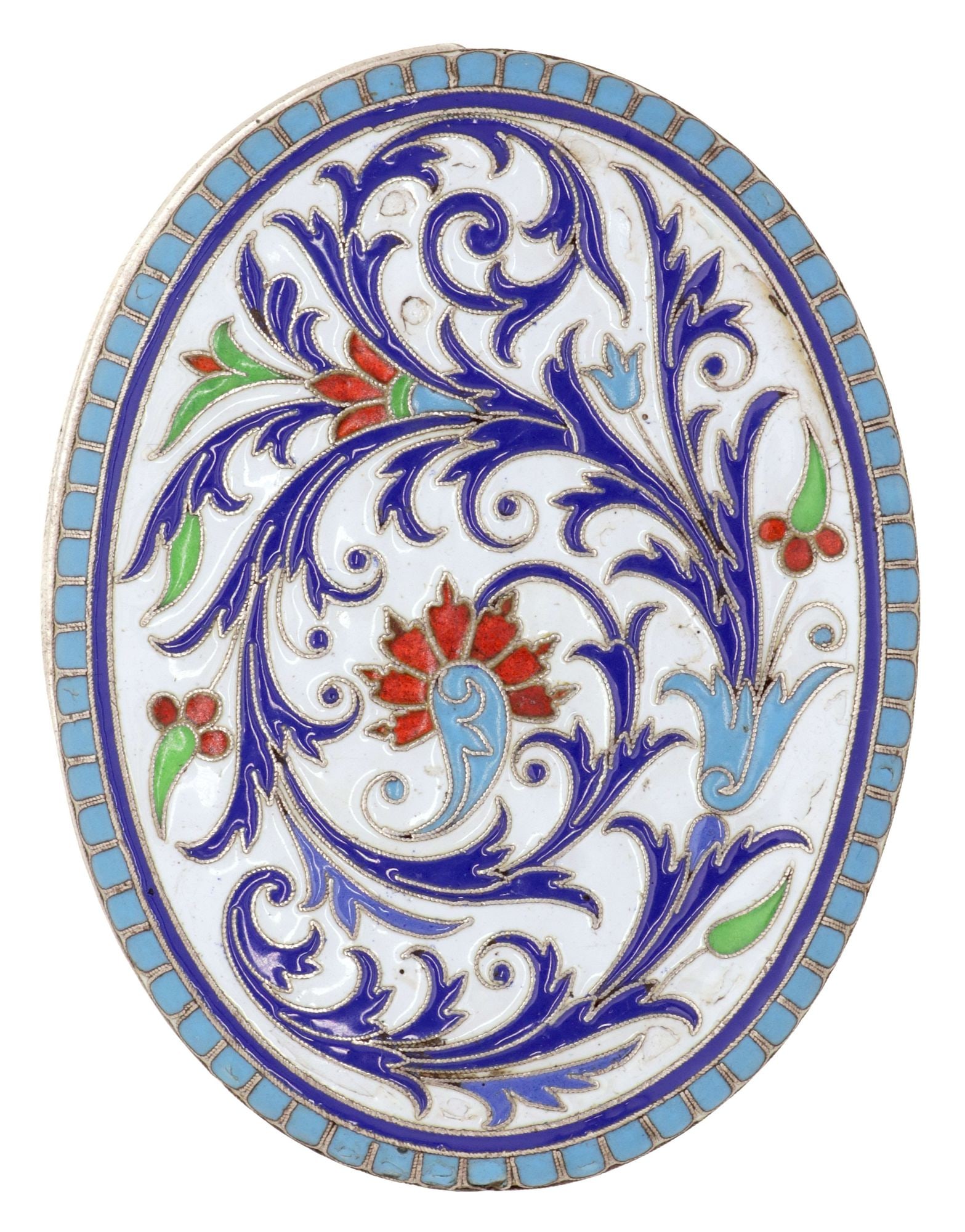 RUSSIAN SILVER & CLOISONNE ENAMEL LOCKET: Russian silver and cloisonne enamel locket, swivel cover, both sides enameled with stylized scrolling foliage and flowers, 88 zolotnik (.9166), spurious marks for Grachev, St. Petersburg, closed: appr
