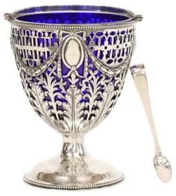 GEORGE III STERLING SILVER SUGAR BASKET WITH BLUE GLASS LINER