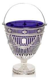 GEORGE III STERLING SILVER SUGAR BASKET WITH BLUE GLASS LINER
