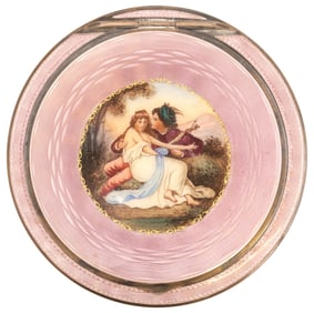 AUSTRIAN STERLING SILVER & PINK GUILLOCHE ENAMEL POWDER COMPACT