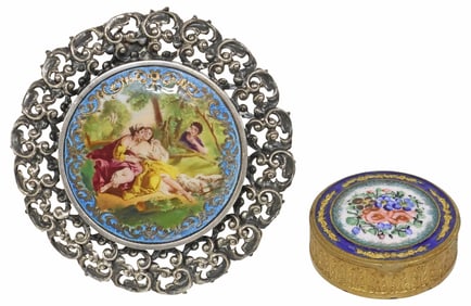 (2) GUILLOCHE ENAMEL PILL BOX & SILVER FRAMED VANITY MINIATURE