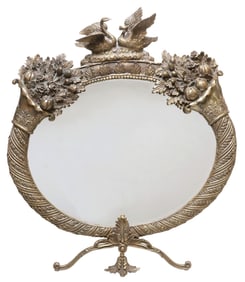 LARGE ART NOUVEAU BRONZE CORNUCOPIA & SWANS VANITY MIRROR