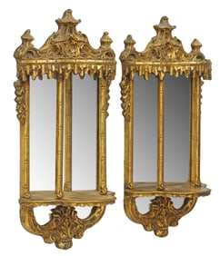 (2) CHINESE CHIPPENDALE STYLE GILTWOOD MIRRORED WALL BRACKETS