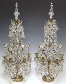 (2) LARGE CONTINENTAL BRONZE & CRYSTAL 6-LIGHT GIRANDOLE CANDELABRA, 33"H