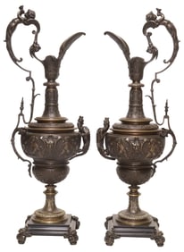 (2) LARGE FRENCH RENAISSANCE REVIVAL BRONZE EWER GARNITURES, 22.5"H