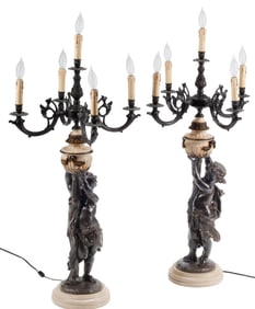 (2) LARGE LOUIS XV STYLE FIGURAL CHERUB 5-LIGHT CANDELABRA, 40"H