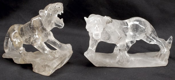 (2) CARVED ROCK CRYSTAL FIGURES OF ROARING TIGERS