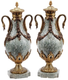 (2) FRENCH EMPIRE ORMOLU-MOUNTED MARBLE CASSOLETTES