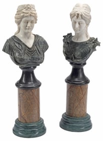 (2) CARVED WHITE & POLYCHROME MARBLE BUSTS