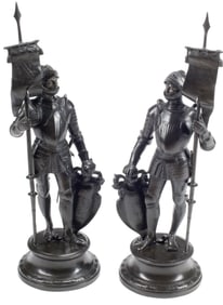 (2) PATINATED BRONZE SCULPTURES, MEDIEVAL KNIGHTS IN ARMOR, 28"H