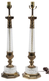 (2) NEOCLASSICAL STYLE GILT-METAL & CUT-GLASS COLUMN TABLE LAMPS