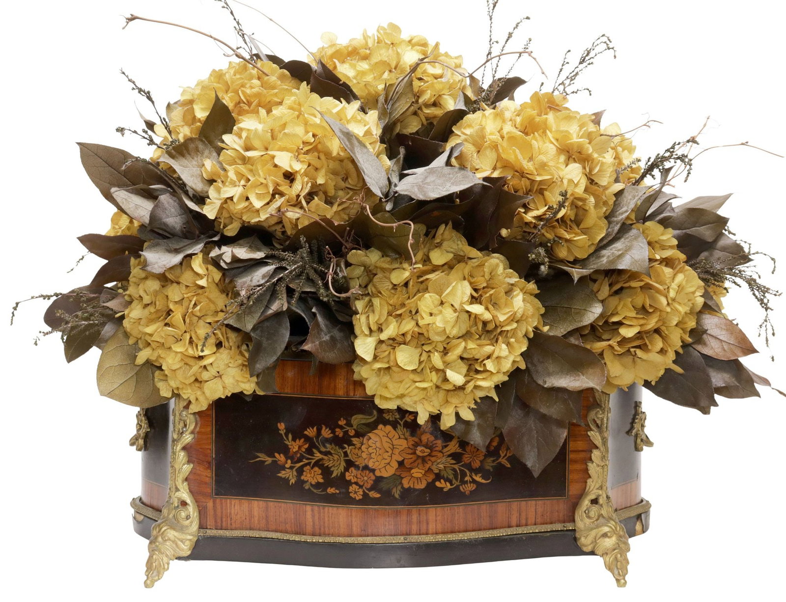 FRENCH NAPOLEON III PERIOD MARQUETRY JARDINIERE: French Napoleon III period jardiniere, late 19th c., shaped and crossbanded sides, floral marquetry inlay, gilt-metal feet cast with masks, tole liner with affixed arrangement of faux hydrangeas, vene