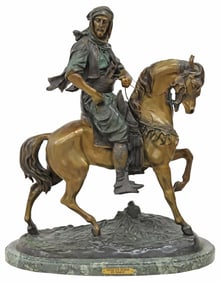 AFTER ANTOINE-LOUIS BAYRE ORIENTALIST BRONZE, 'ARAB ON HORSE,' 29"H