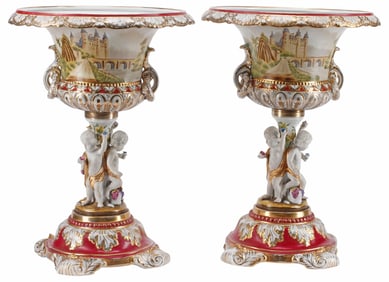 (2) SEVRES STYLE PORCELAIN FIGURAL CHERUB URNS / VASES