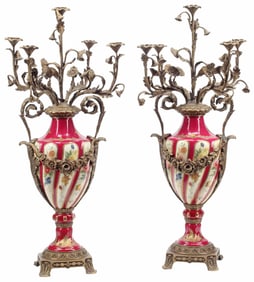 (2) SEVRES STYLE BRONZE-MOUNTED PORCELAIN 5-LIGHT CANDELABRA