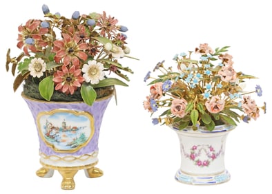 (2) MINIATURE ENAMEL FLOWER ARRANGEMENTS, 1 JANE HUTCHESON FOR GORHAM