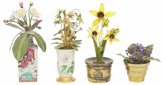 (4) MINIATURE ENAMEL FLOWER ARRANGEMENTS, 1 GORHAM STERLING