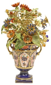 MINIATURE ENAMEL FLOWER ARRANGEMENT IN ROYAL CROWN DERBY IMARI URN
