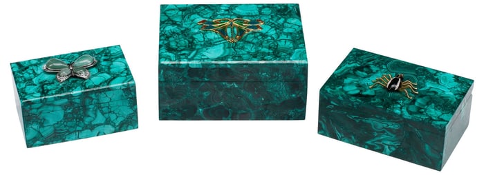 (3) LARGE JEWELED MALACHITE TABLE BOXES WITH COVERS