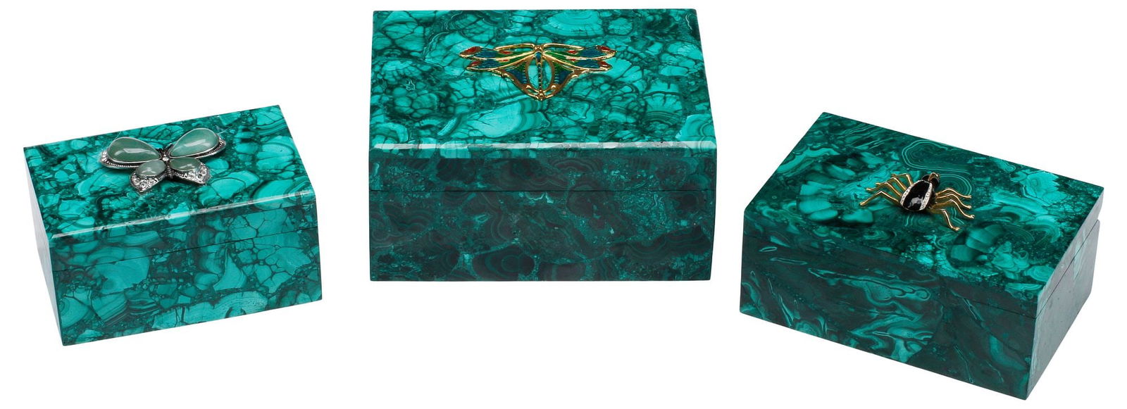 (3) LARGE JEWELED MALACHITE TABLE BOXES WITH COVERS: (lot of 3) Large jeweled malachite table boxes with covers, largest: approx 4"h, 8"w, 6"d, 14.5lbs total