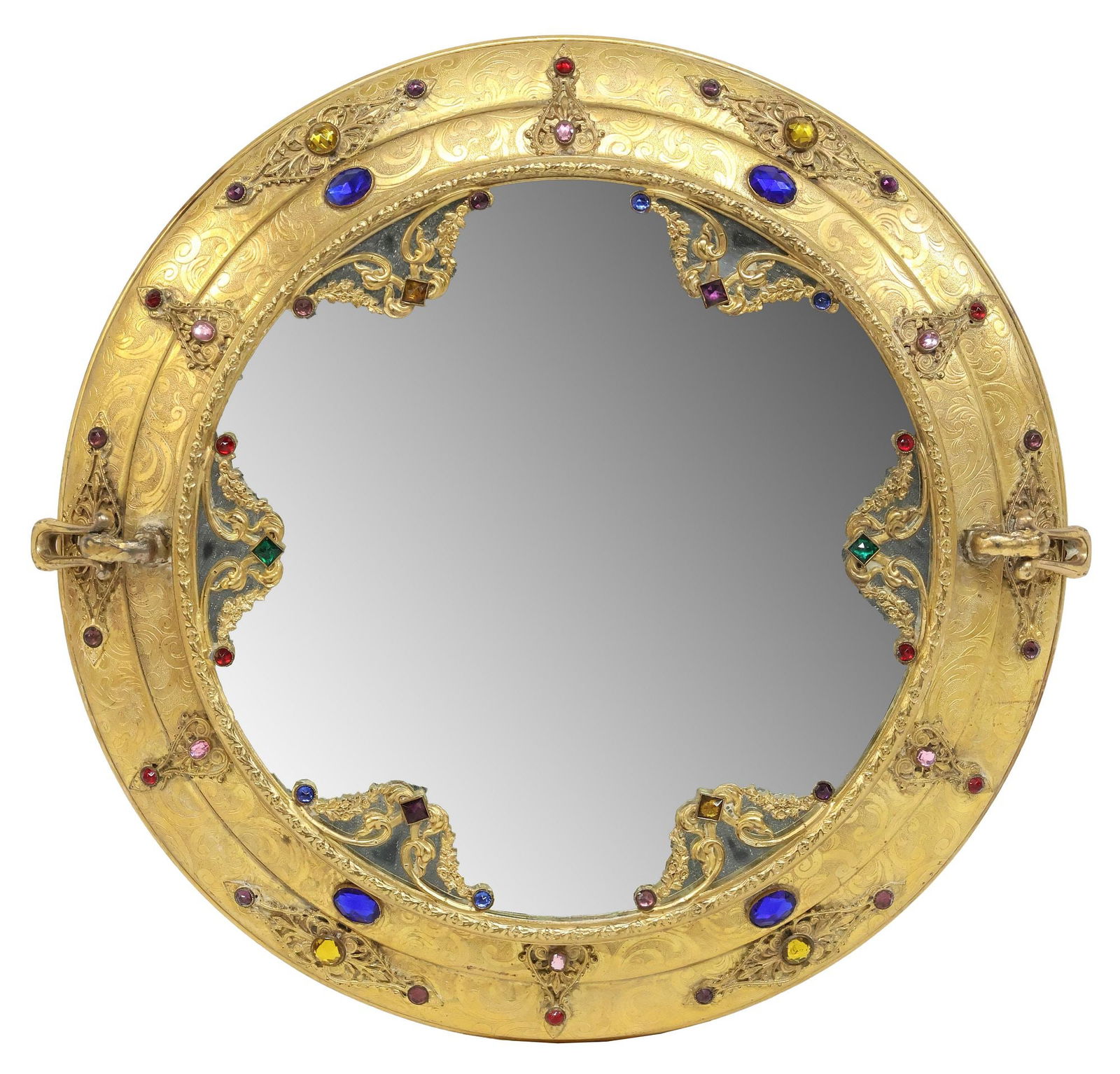 APOLLO STUDIOS STYLE JEWELED ORMOLU MIRRORED VANITY TRAY: Jeweled gilt-bronze vanity tray, in the manner of Apollo Studios, early 20th c., circular frame embellished with faceted gemstones, with chased scrollwork and pierced interior accents, encasing flat m