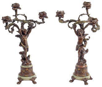 (2) FRENCH ROCOCO STYLE FIGURAL BRONZE & ONYX 3-LIGHT CANDELABRA