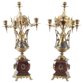 (2) FRENCH NEO-GREC ORMOLU & ROUGE MARBLE 5-LT CANDELABRA